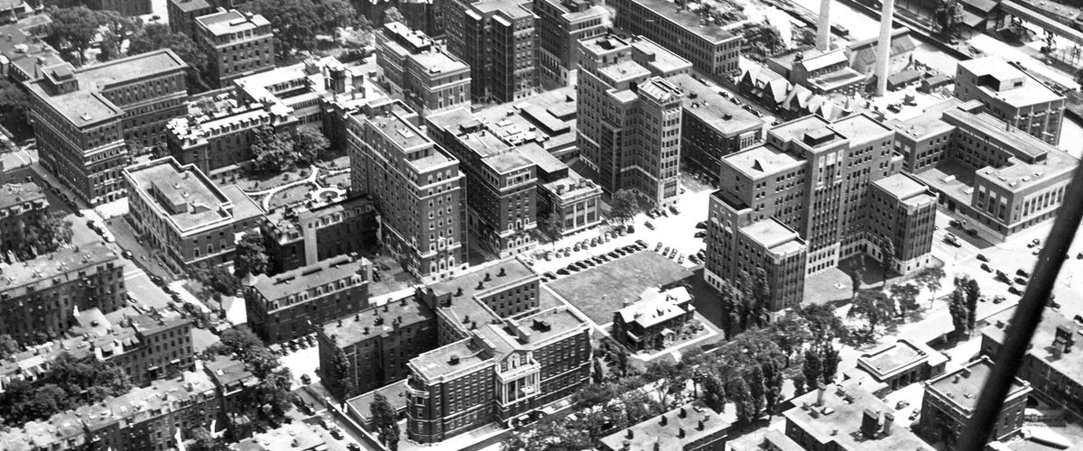 Black and white aerial view of BUMC in 1940.