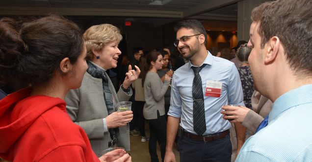 Dean Antman speaks with alumnus Albert Nadjarian, MD (CAMED’13,’17, SAR’09, SPH’13) and medical students at the 2019 Wine Down After Rounds event, sponsored by the Alumni Office.