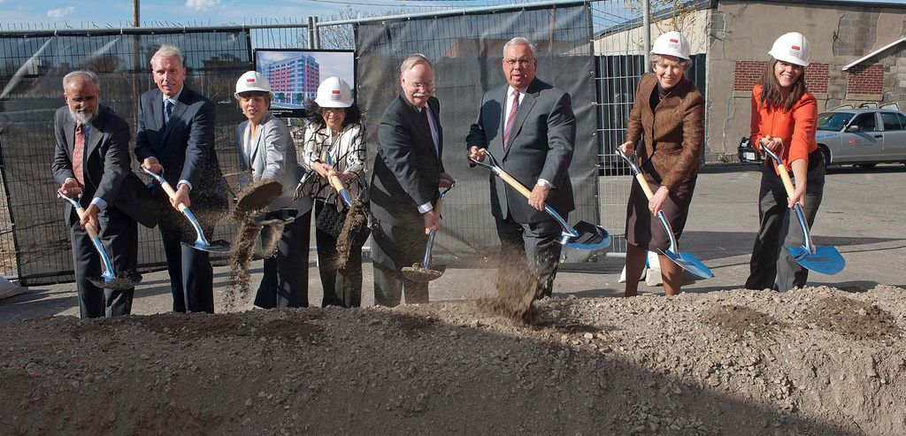 At the Medical Student Residence groundbreaking on October 28, 2010: (from left) Ashraf Dahod, Joe Fallon, Sherry Leventhal, Shamim Dahod (CGS’76, CAS’78, CAMED’87), BU President Robert A. Brown, Boston Mayor Thomas Menino, Dean Antman, and Catherine Spina (CAS’04, CAMED’05,’15).