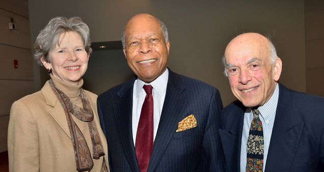 Dean Antman with Lou Sullivan, MD’58, and BU President Emeritus Aram Chobanian, MD, in 2014.
