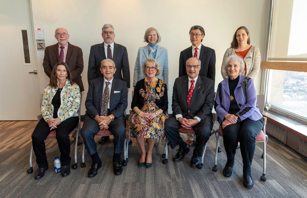 Newly named Avedisian professors (standing, l-r) David Harris, Andrew Taylor, Medical School Dean Karen Antman, Toby Chai, and Rachel Fearns (missing from photo is Hee-Young Park). Representing named professorships are (seated, l-r) Housepian spokesperson Jean Housepian, Sarkis Kechejian, donor Pamela Avedisian, Richard Babayan, and Carolann Najarian.