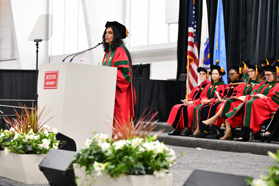Convocation speaker Monica Bharel, MD (CAMED’94), MPH, the clinical lead for public sector health at Google, told students, “Healthcare is a basic human right, not a privilege.”