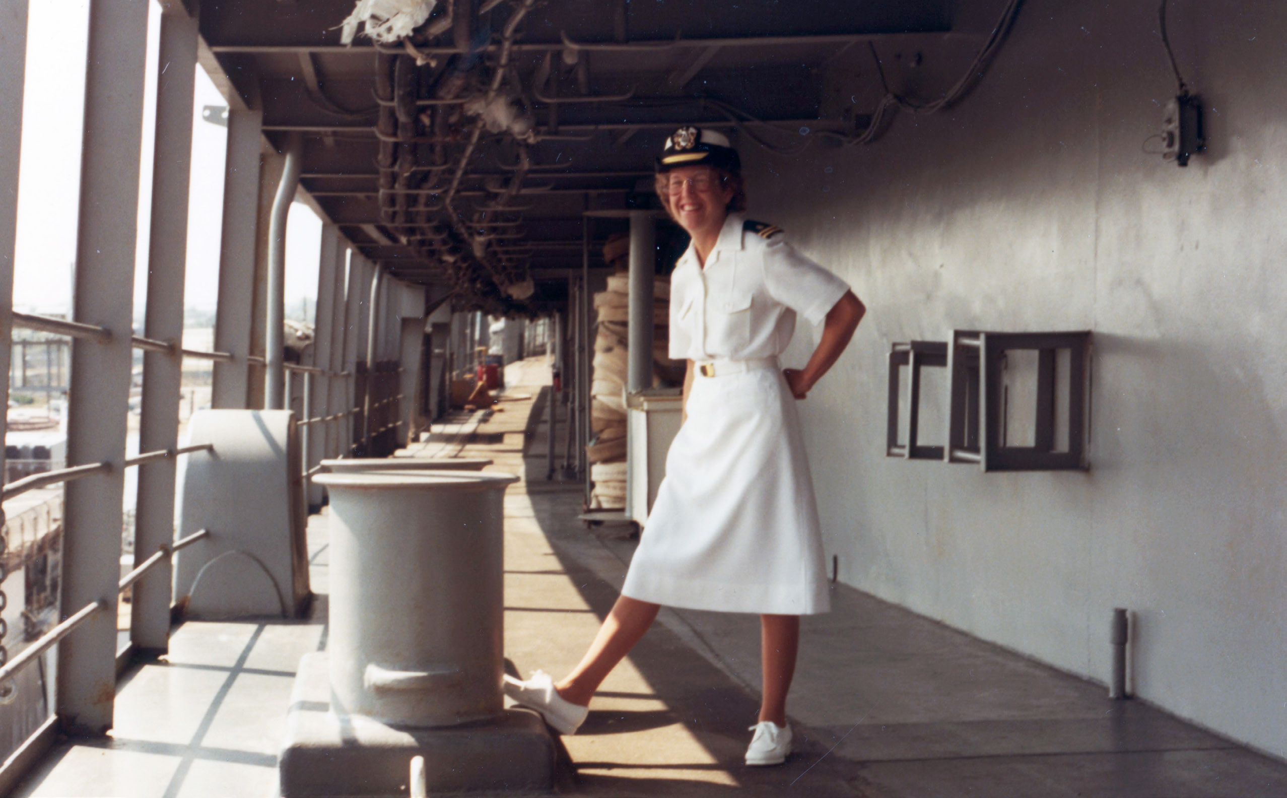 Retired Two-Star Admiral Christine Hunter, MD (CAMED’80), on board her first posting, the USS Hunley.