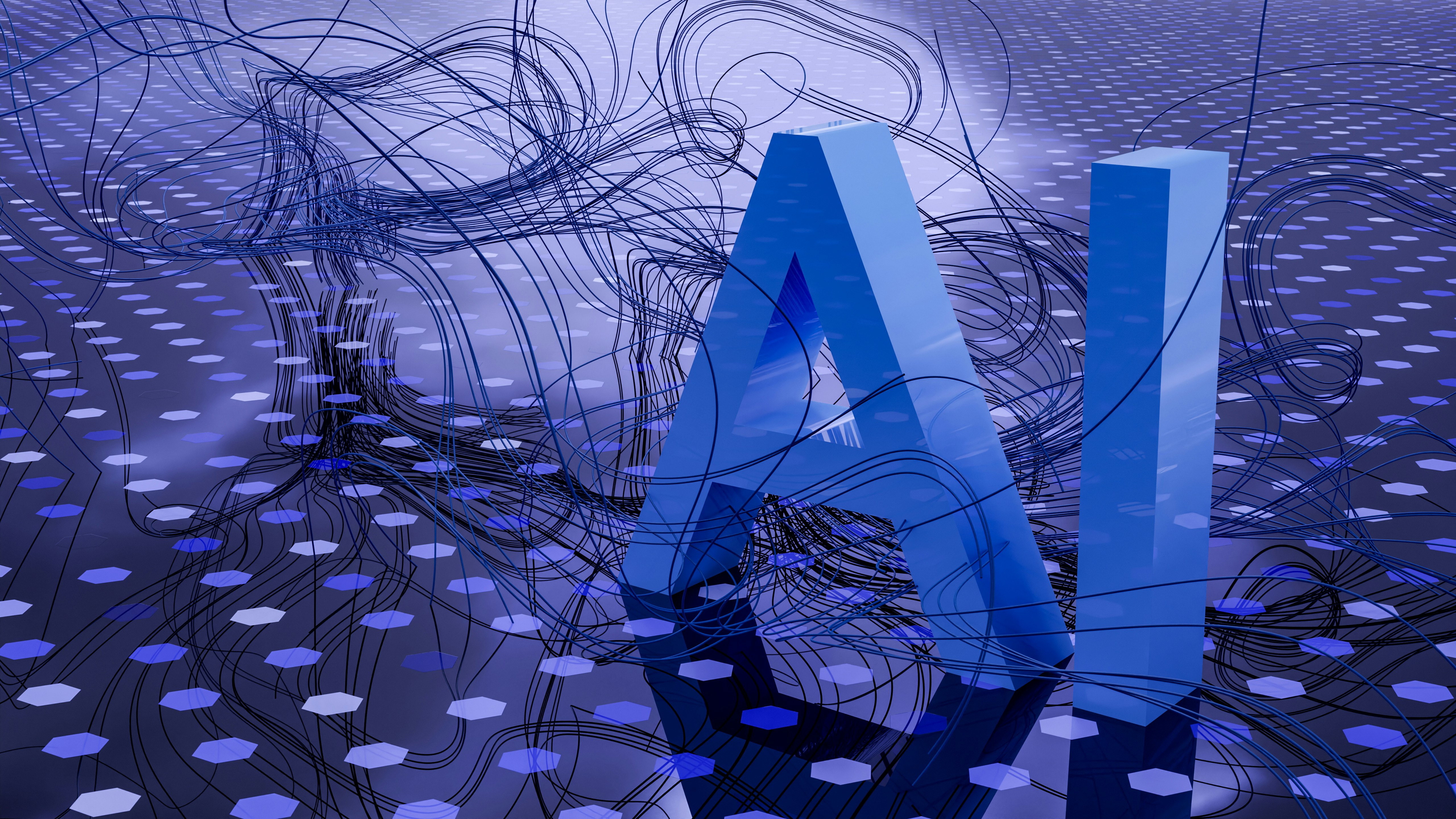 Blue AI on blue polkadot floor with wires wrapped around and behind it