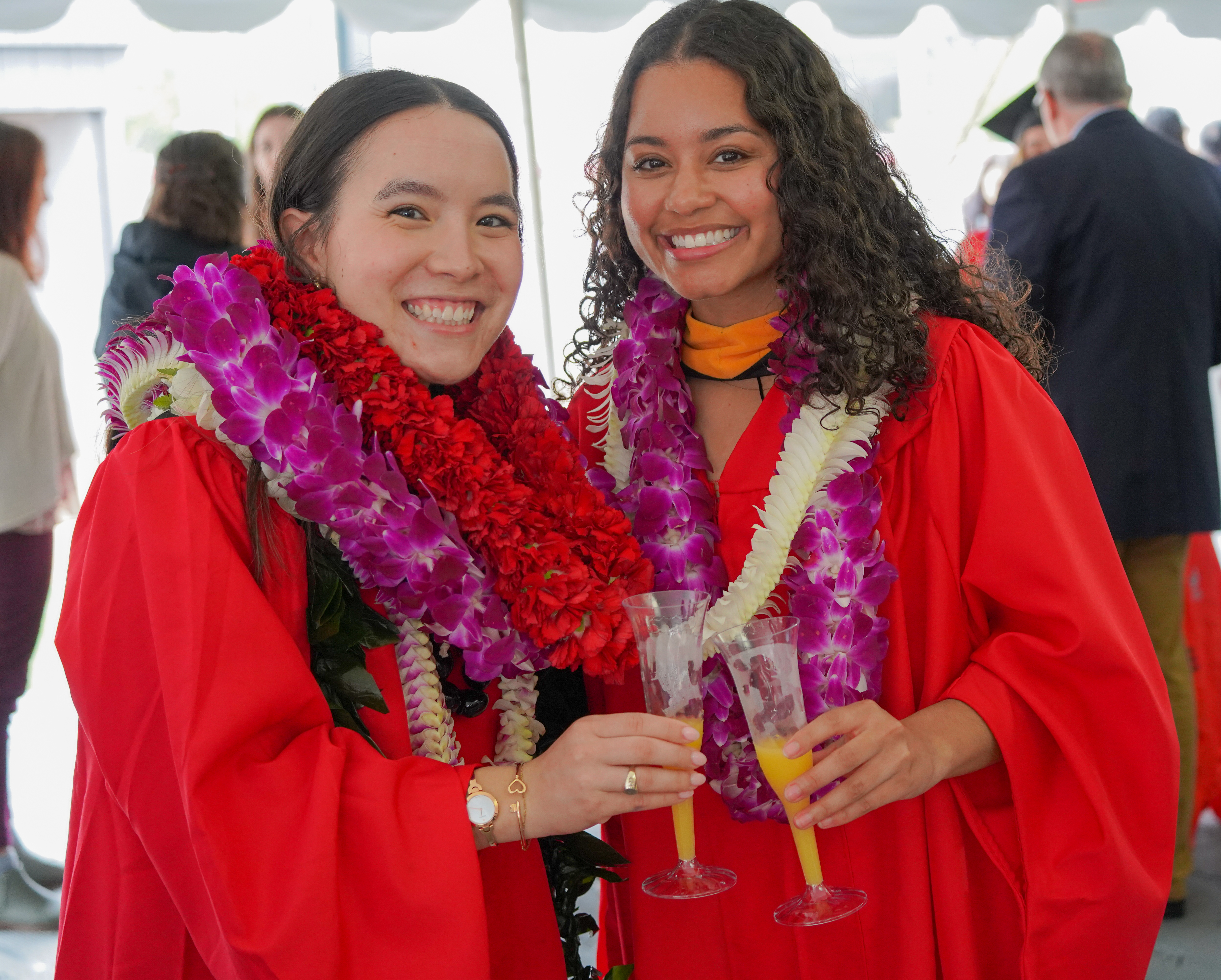 Two women graduates with gown and flower leis toast in celebration