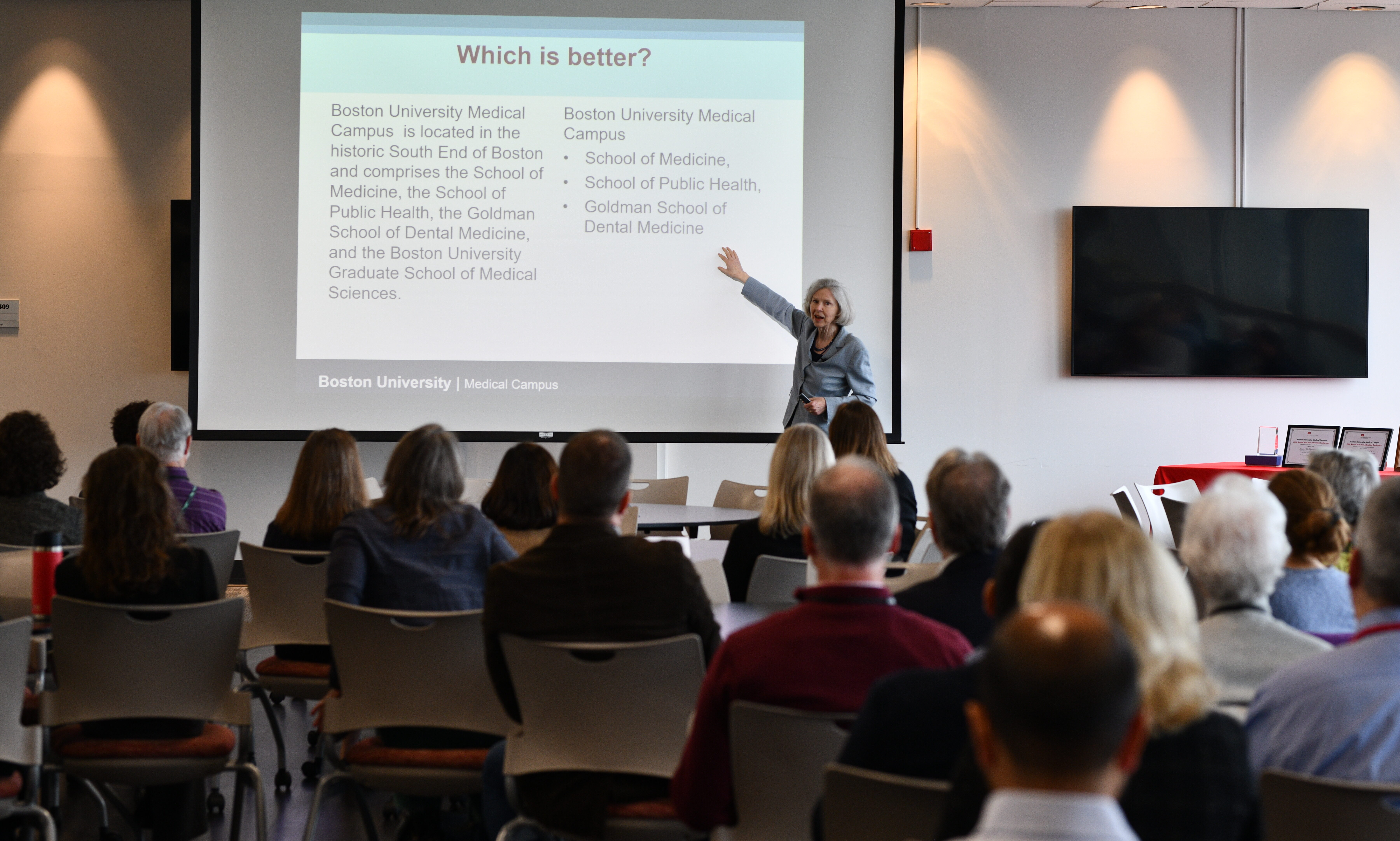 Karen Antman standing before group of men and women seated presenting powerpoint