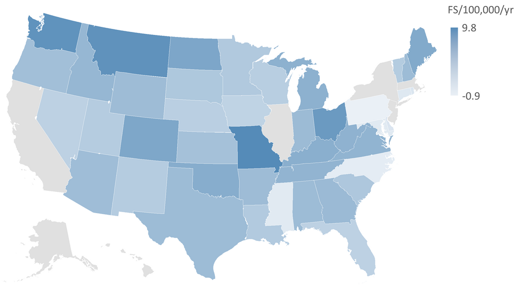 map of US with different shades of blue