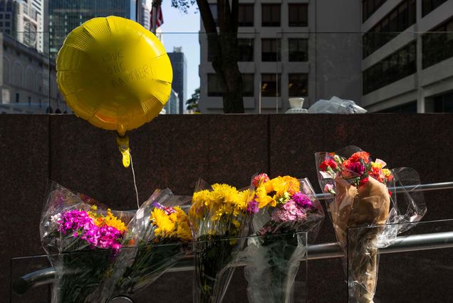 flowers and balloons outside office building
