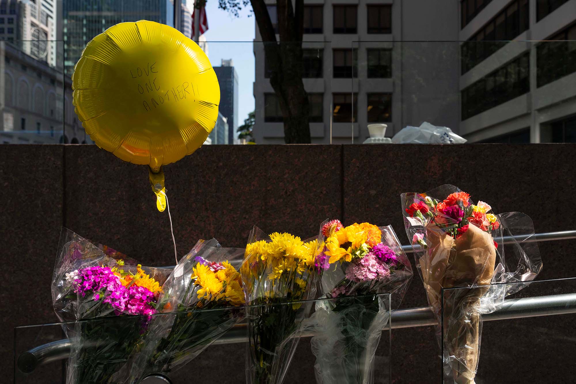 flowers and balloons outside office building