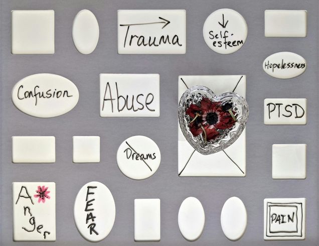 Collage on gray background with white shapes with words hopelessness, PTSD, anger, fear, pain, etc.