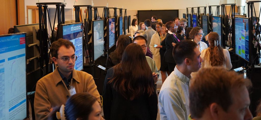Many people gathered around posters