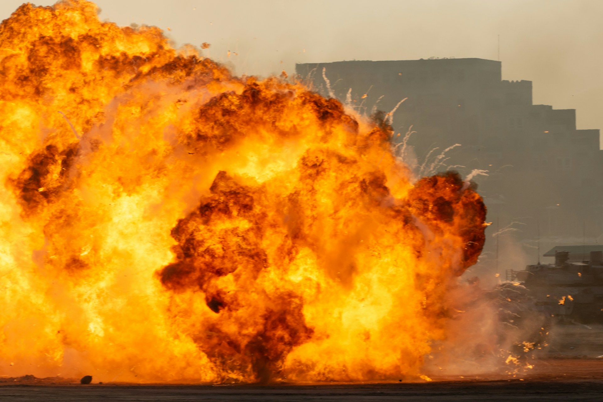 Massive fire explosion close-up in military and war.