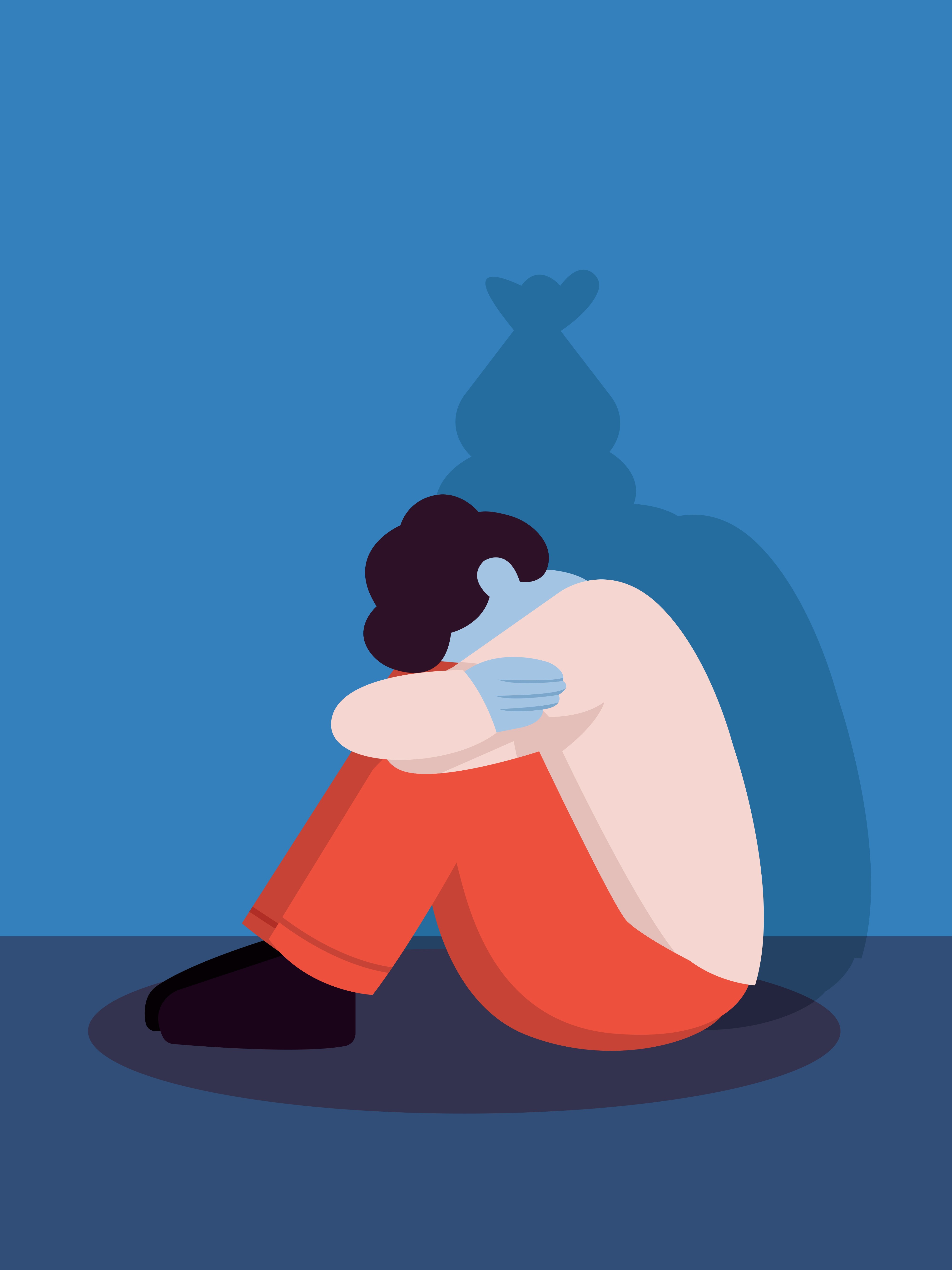 An illustration of a person sitting on the floor with knees pulled close to the chest, arms wrapped around their legs.