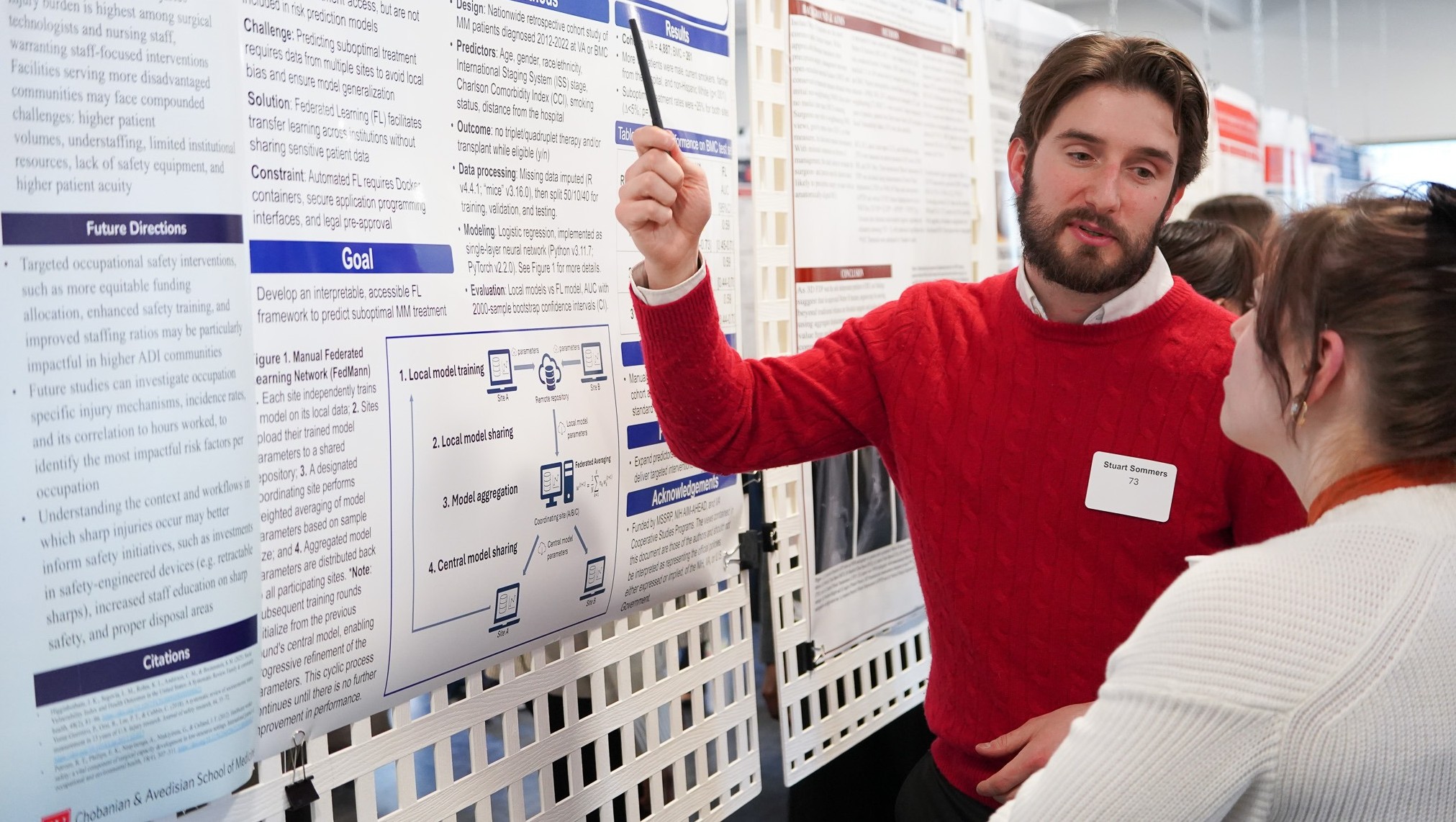 Man in red sweater pointing at research poster, talking with woman