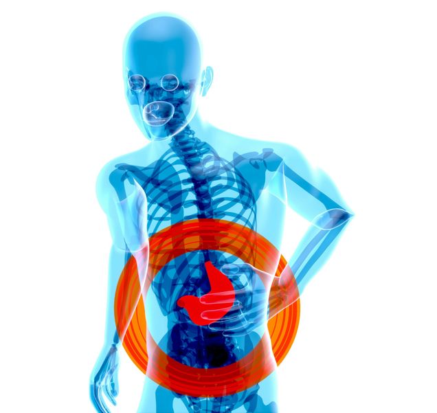 Human body scan in blue with liver highlighted in red surrounded by red circle