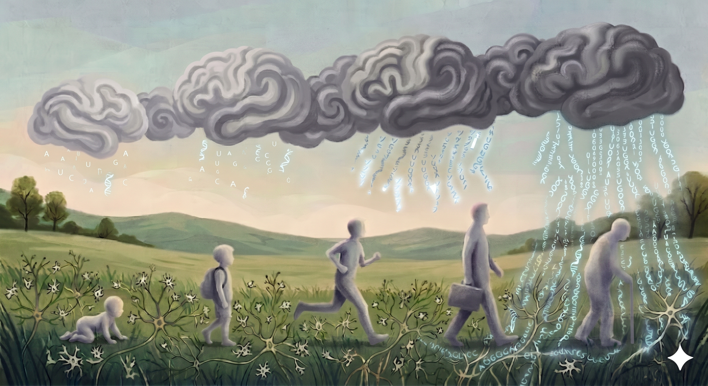 AI Generated image of boy transitioning to man under cloud shaped like brain