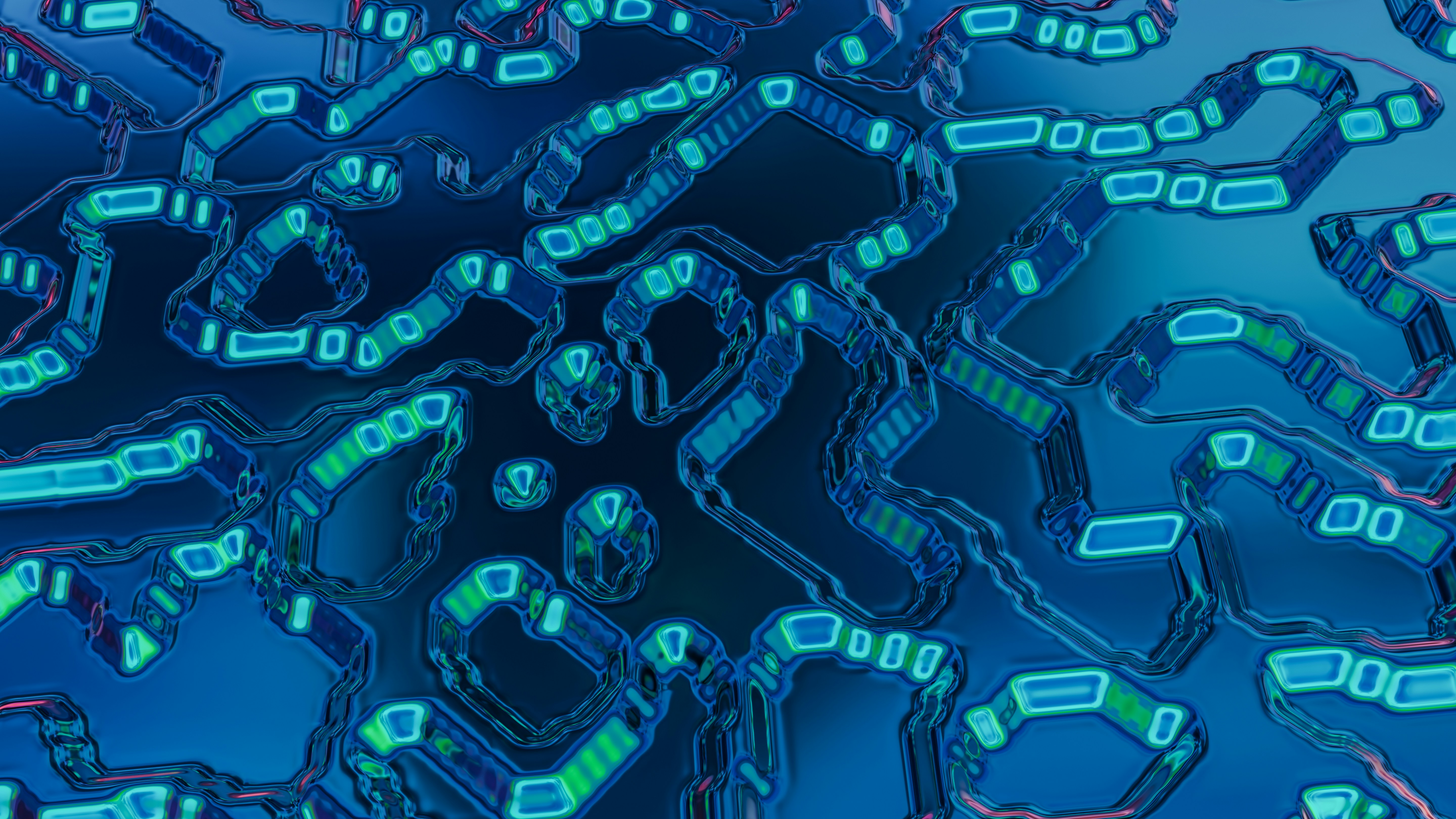 medium blue background with glowing irregularly shapped green tile-like shapes with bright pink lines