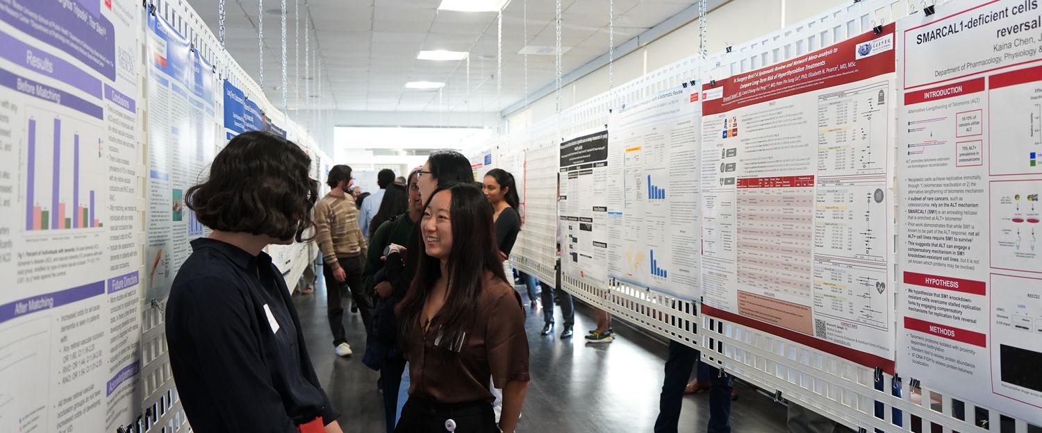 Group of students displaying and talking about their posters