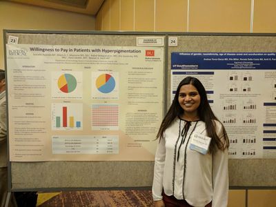 Susruthi with her poster "Willingness to Pay in Patients with Hyperpigmention"