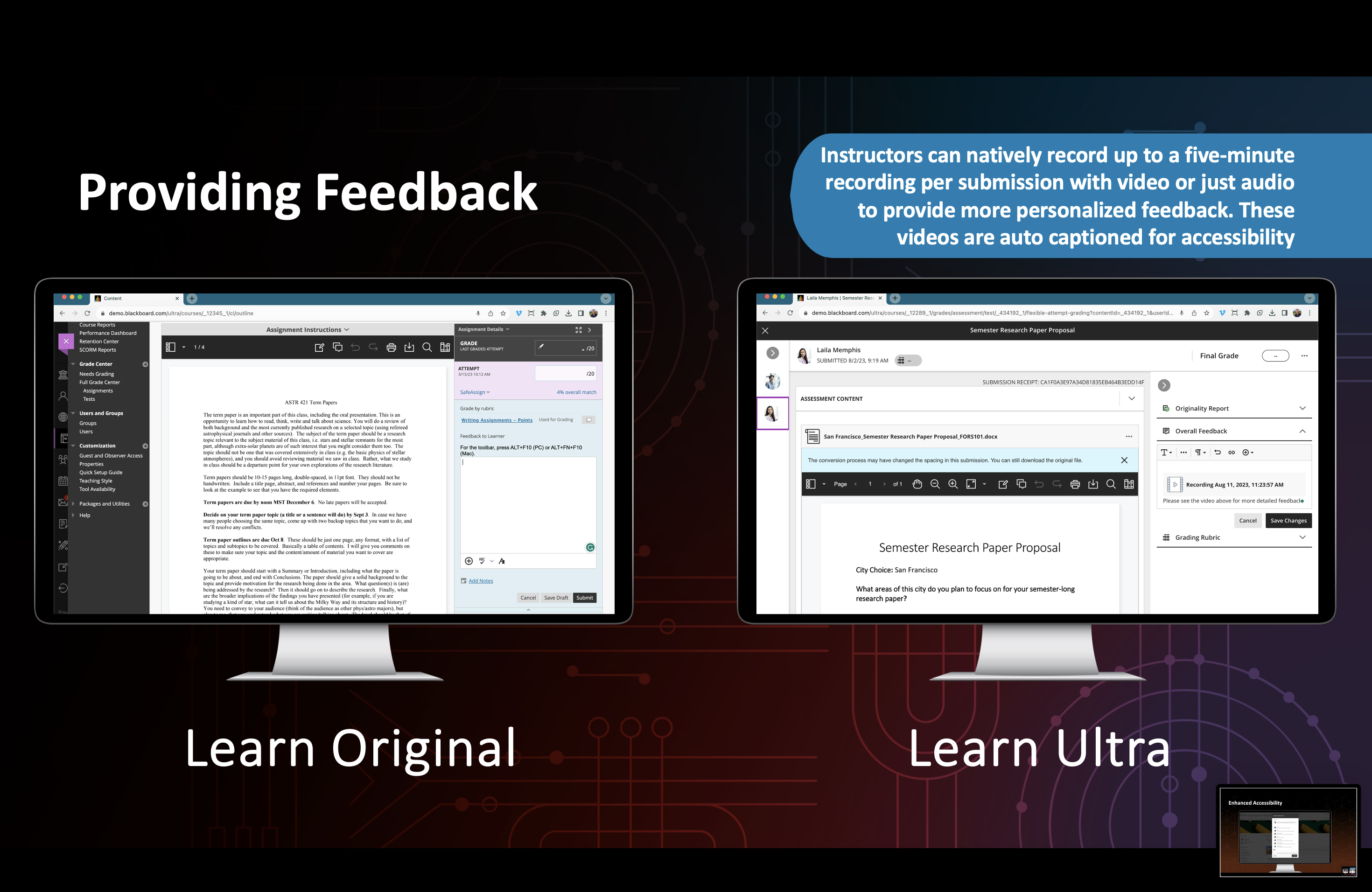 Screenshot of Blackboard Original and Ultra comparison on providing feedback