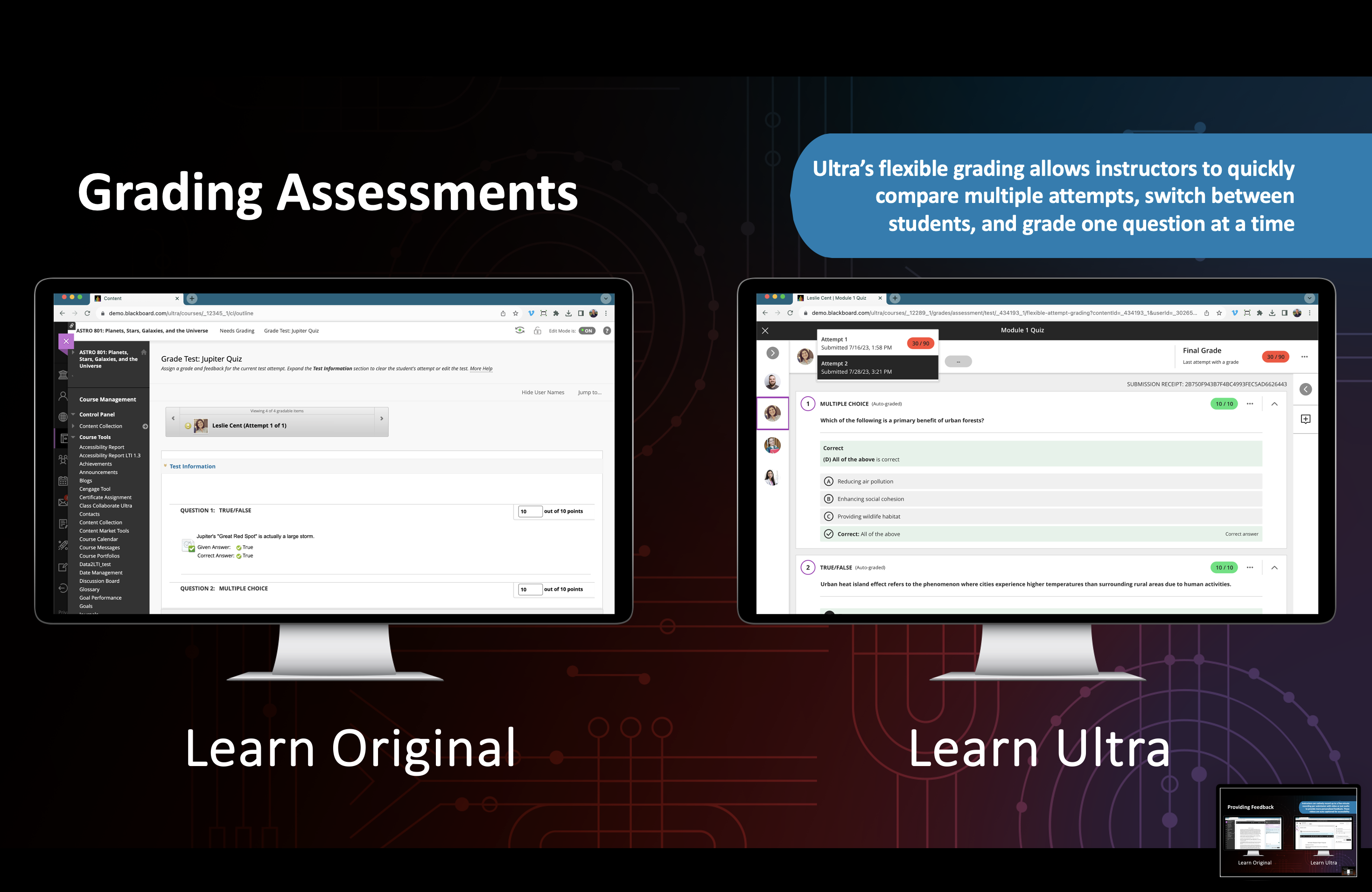Screenshot of Blackboard Original and Ultra comparison on grading assessment