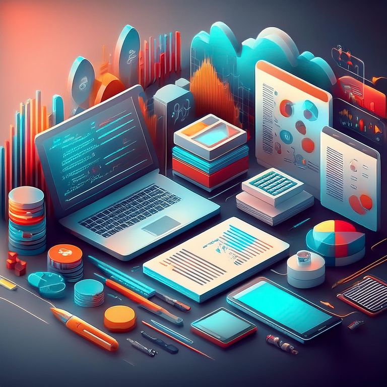 Laptop surrounded by books, clouds, and data visualizations