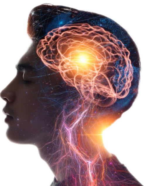 man with stylized brain overlay