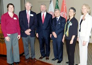 (l to r) Ann Zumwalt co-chair of the planning committee, John McCahan, N. Karl Haden keynote speaker, Jeffrey Hutter Dean of the Goldman School of Dental Medicine, Sharon Levine Associate Dean for Academic Affairs BUSM, and Lisa Sullivan Associate Dean for Education BUSPH