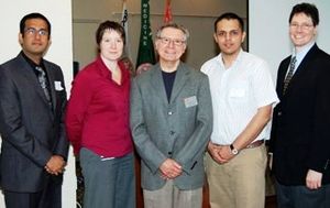 Vinodh Bhoopathi winner of the best student abstract award, Ann Zumwalt co-chair of the planning committee, Rob Schadt co-chair of the planning committee, Sahil Jain winner of the best student abstract award, Jeff Markuns winner of the best faculty abstract award