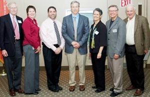 John McCahan, Ann Zumwalt co-chair of the planning committee, Jerry Wortzman BUSM Voluntary Faculty Award winner, Daniel McCullough BUSM Voluntary Faculty Award winner, Sharon Levine BUSM Associate Dean of Academic Affairs, Rob Schadt co-chair of the planning committee, Wayne LaMorte BUSPH Educational Innovation Award Winner, missing Barry Ginsberg Voluntary Faculty Award Winner BUSM