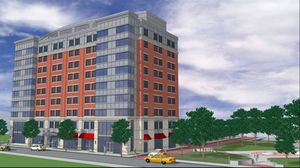 BUSM Residence rendering with trees web BUSM student residence rendering.