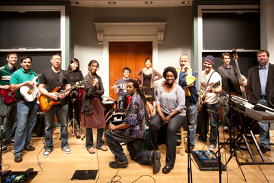 BUMCBand web The BU Medical Campus Band: (from left) Michael Andreoli, Anand Devaiah, Jason Kung, Joyce Wang, Tharu, James Reilly, Kelvin Rowe, Kristine Xue, Monica Miller, Rafael Ortega, Fernando Almenas, Alexander Vezeridis, and James Holsapple. Not pictured: Caroline Apovian, Kofi Abbensetts, and Hiran Fernando. Photo courtesy of BUMC Band.