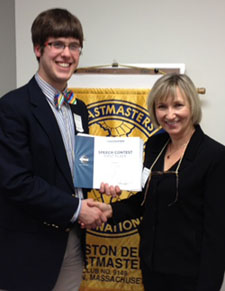 Toastmasters June 2012 web Yolanta Kovalko, BUMC Toastmasters president congratulates Nicholas Plimpton, member of BUMC Toastmasters for taking first place in the local speech contest which was held in April.