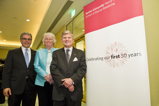 YANKEE Shadi Daher (SDM’90,’94), president of the BU Alumni Council (from left), Provost Jean Morrison, and SDM Dean Jeffrey Hutter welcomed guests to a February kickoff event celebrating the 50th anniversary of the Henry M. Goldman School of Dental Medicine. Photo by Kalman Zabarsky