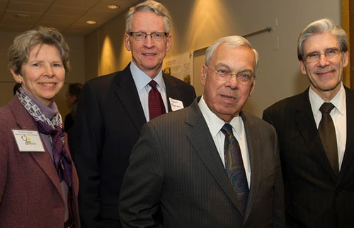 Mayoral prize 500 BUSM Dean Karen Antman, BUSPH Dean Robert Meenan and Harvard School of Public Health Dean Julio J. Frenk pose with Mayor Tom Menino at the Boston Public Health Commission's 2013 Mayoral Prize for Innovations in Primary Care award ceremony, honoring Boston Medical Center for their work in addiction medicine.