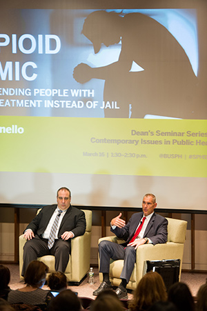 Gloucester police chief Leonard Campanello (left) and Arlington police chief Frederick Ryan speaking at Wednesday’s SPH seminar on the current opioid epidemic. Photo by Cydney Scott