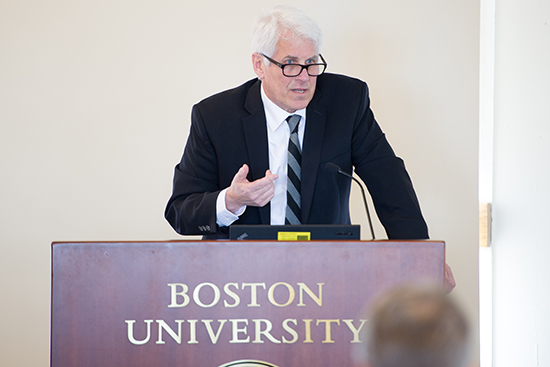 Donald Thea, director of the BU Center for Global Health & Development, spoke on the public health aspects of the Zika virus at a BUMC Provost Seminar March 22. “We are at the cusp of a really interesting part of the Zika virus investigation,” Thea said. Photo by Cydney Scott