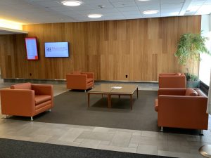 Instructional Building Lobby no people with four chairs and coffee table