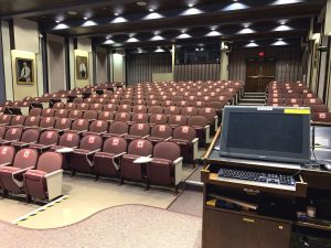 Keefer Auditorium with seats labeled for safe physicial distancing