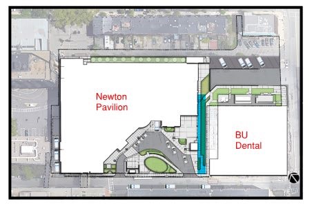 Graphic depicting Newton Pavillion on left and GSDM on right with shared alley highlighted in blue