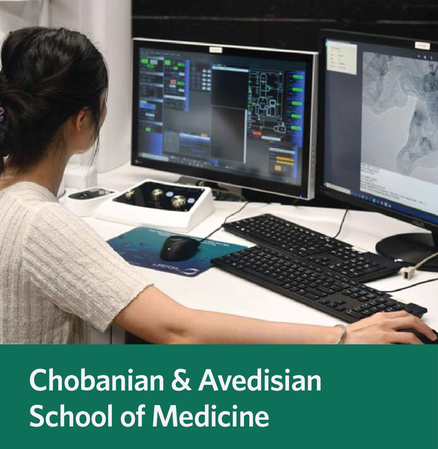 Woman sitting at a computer analyzing scans, text that says Chobanian & Avedisian School of Medicine