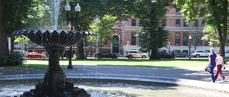 Fountain in park near campus on a sunny day