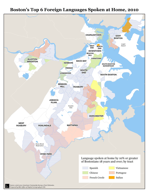 Map of Boston's Top 6 Languages Spoken at Home