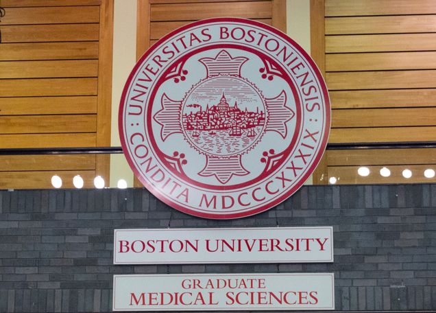 BU logo at graduation