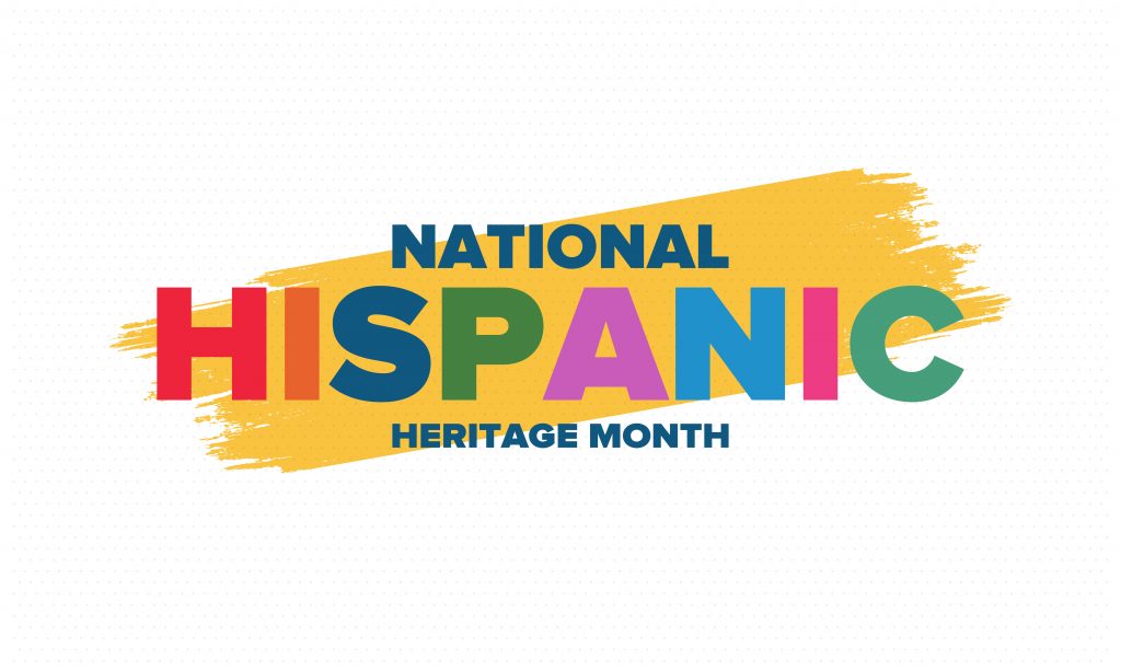 colorful text "national hispanic heritage month" over a yellow background