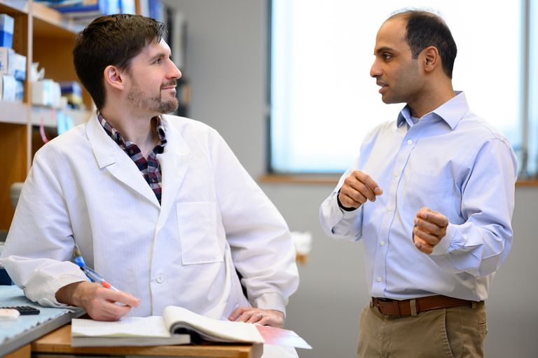 Researchers conversing in lab