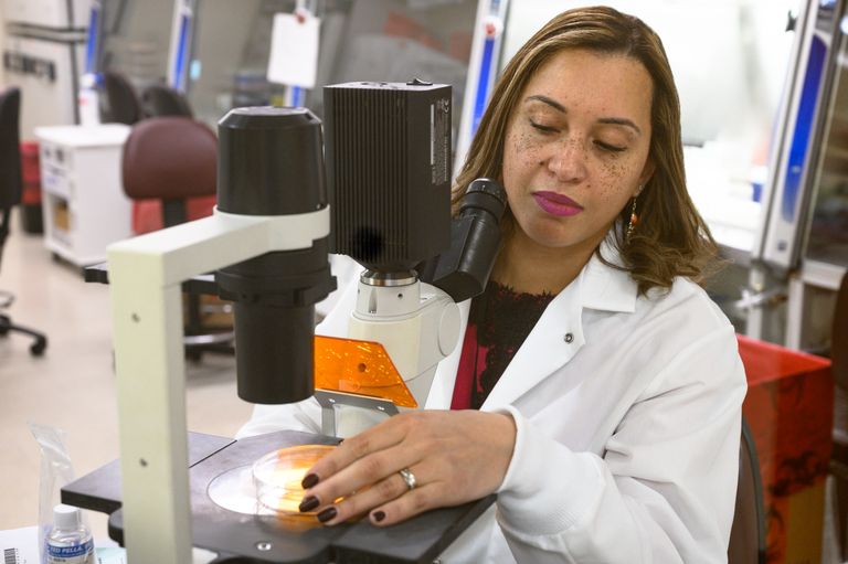 Researcher using microscope