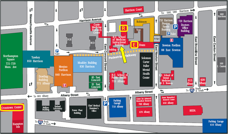 The Pulmonary Center is located in the R (Housman), E (Evans), and Crosstown buildings. Our central office is located in R-304. Access to the Pulmonary Center Office (and R and E Building offices and labs) is indicated by the yellow arrow.