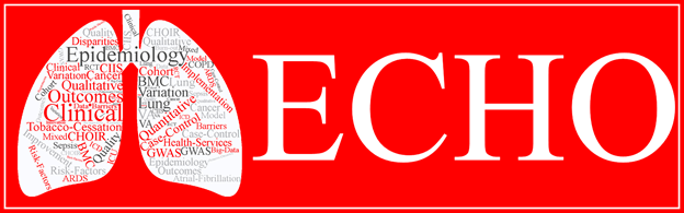 Red ECHO logo with white lung shape and word map including terms like 'clinical' and 'health'.